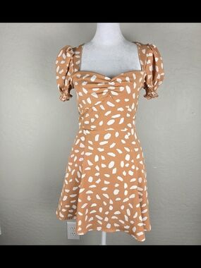 Lulus Orange Print Oh My Darlin’ Puff Sleeve Mini Dress Size XS